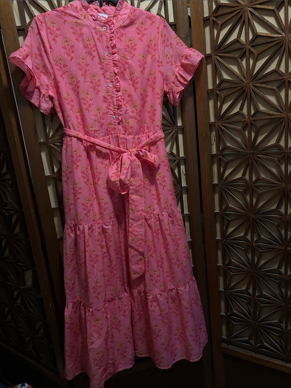 j.Marie Women’s Pink Floral Ruffle-Tier Belted Dress Size S Small